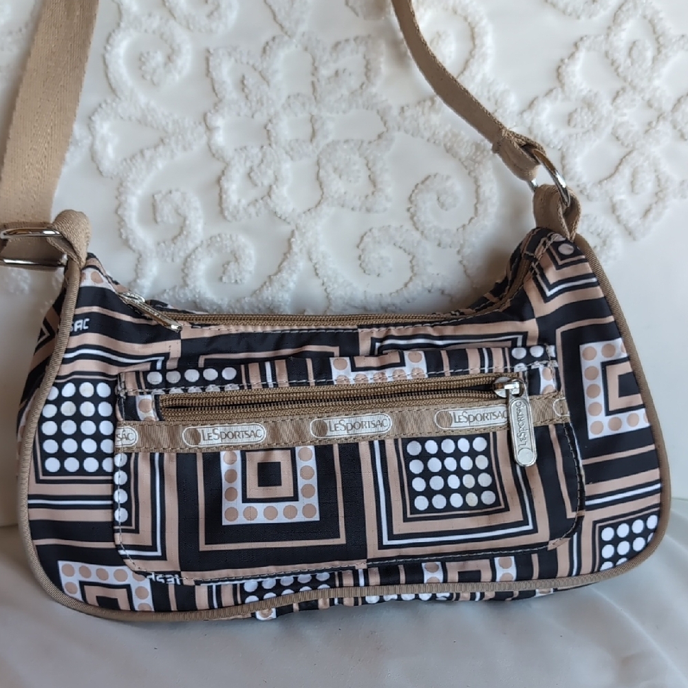 LeSportsac Mini Hobo Traveler -Beige Black And White Geometric Crossbody